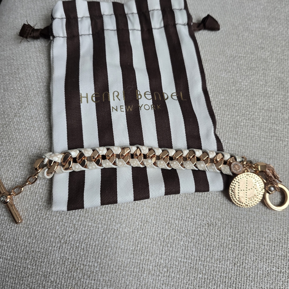 Henri Bendel Rose Gold and Cream Braided Link Bracelet with Logo Charms